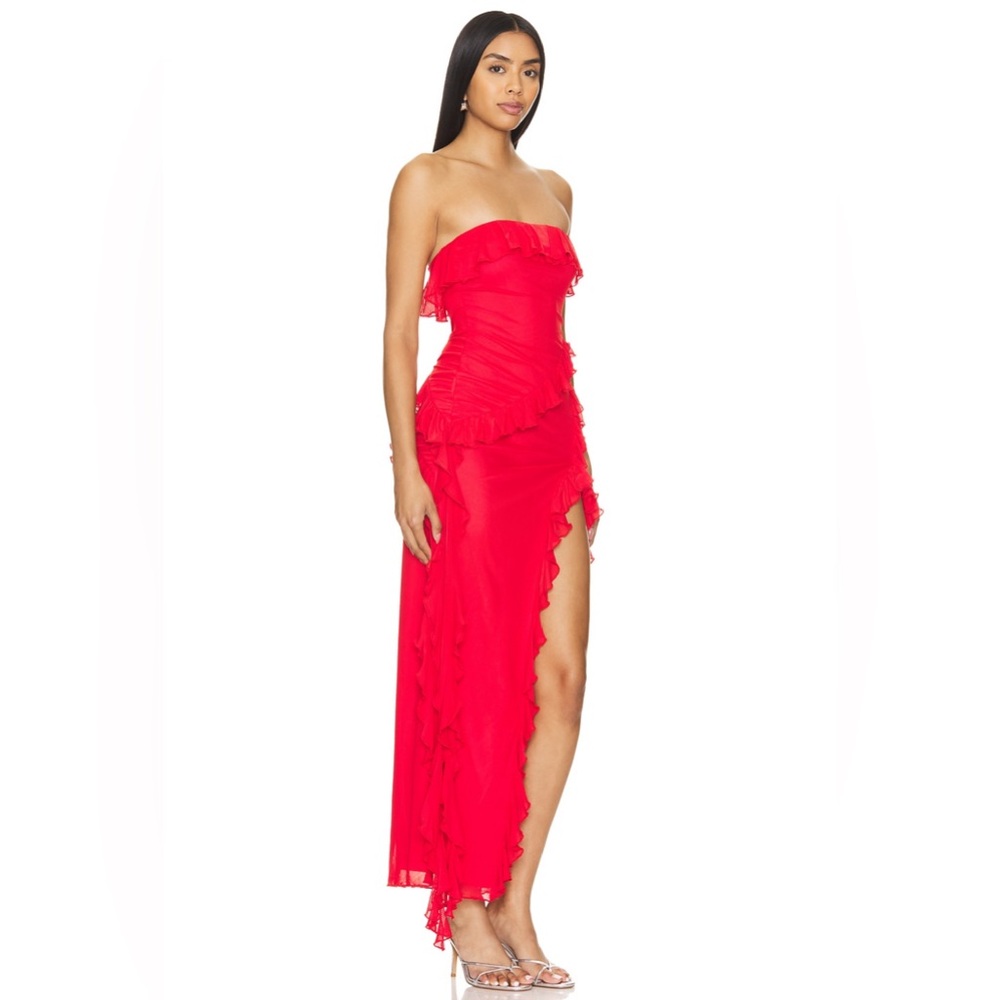 Strapless Red Ruffle Maxi Dress - Picture 2 of 7